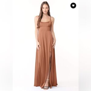 Azazie NWT Halsey A-Line Side Slit Stretch Satin Dress in Bronzer Size A 10